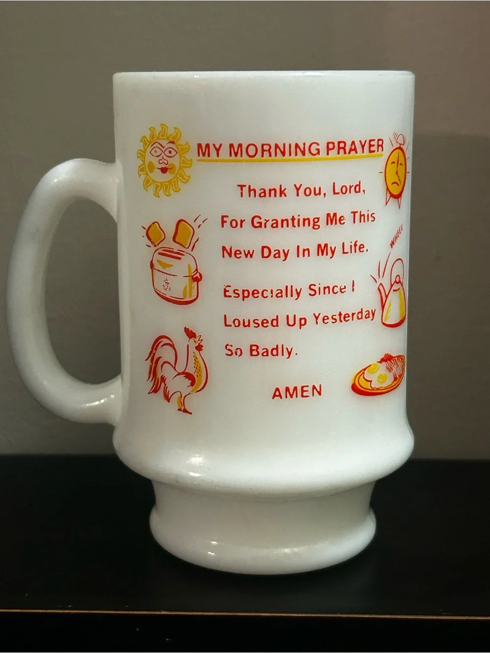 Fire King White Ceramic Coffee Mug with Red & Yellow Morning Prayer Design